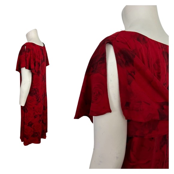 1990s Whimsy Goth Red Rose Party Dress Flutter Sleeve / Women’s Large - Picture 4 of 4